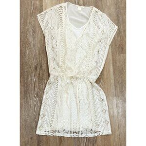 Gold Hawk Sz S Ivory Cream Lace Crochet Drawstring Swim Coverup Cover Up Dress